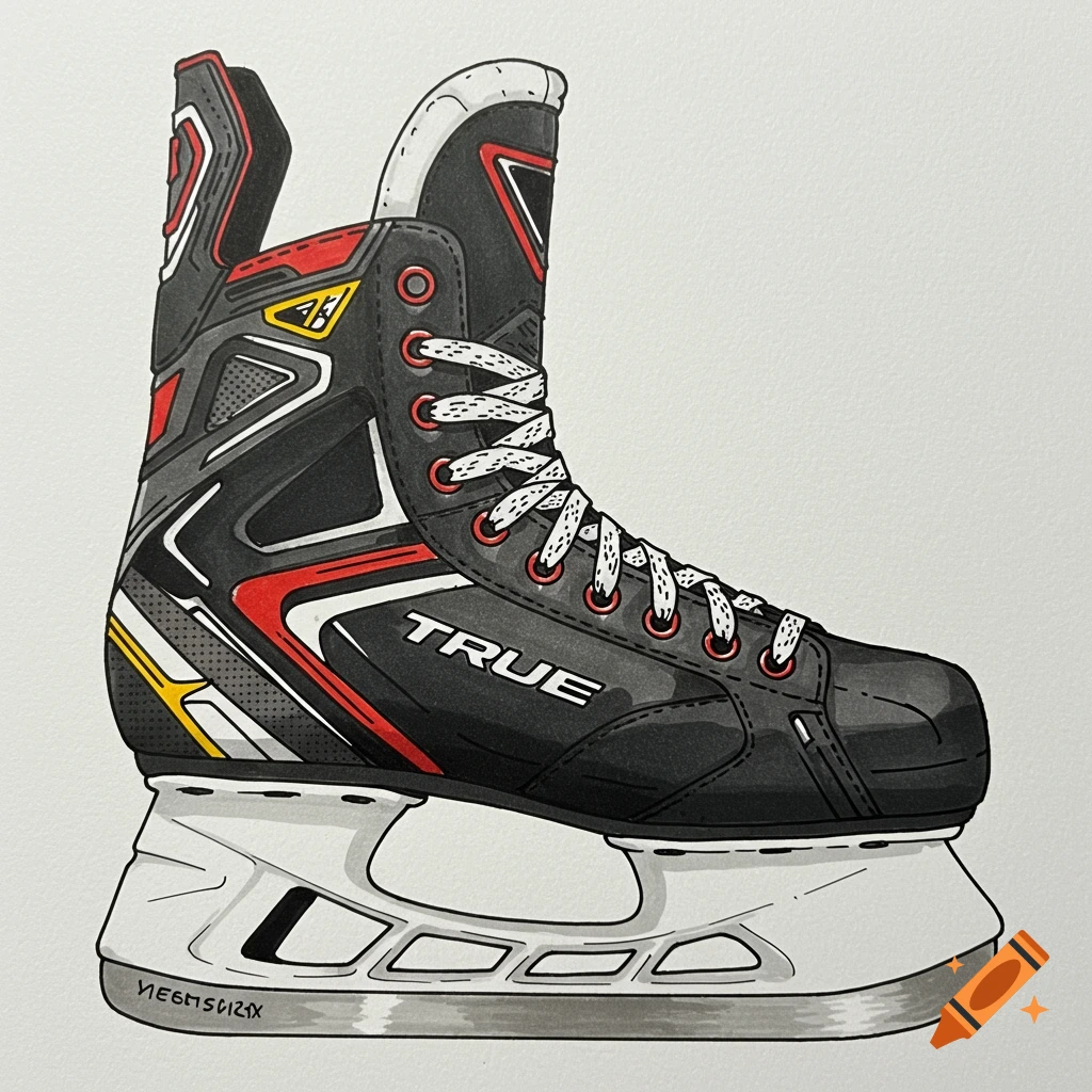Illustration of a black, red, and white hockey skate.