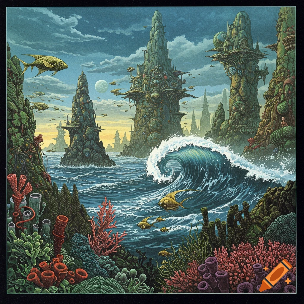 Fantasy landscape with alien structures, flying fish, coral, and a large wave in a Roger Dean style.