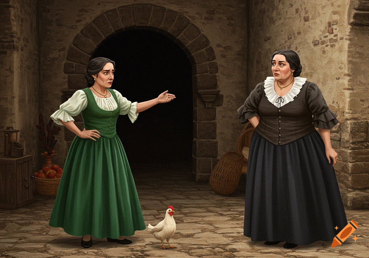 Digital illustration of two women in period dresses standing in a courtyard with a chicken.