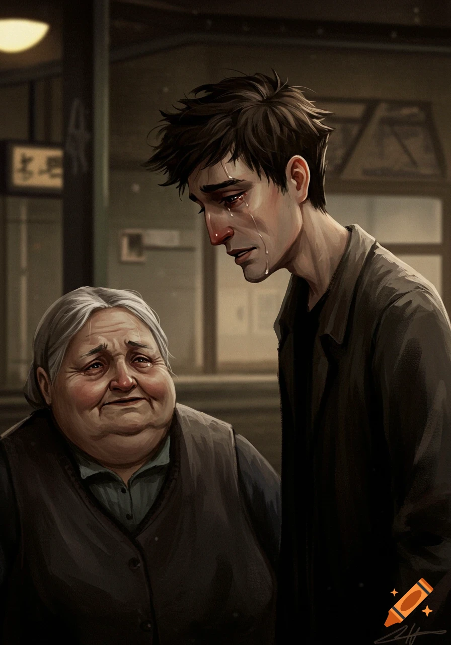 Digital painting of a young man crying while an old woman looks sad.