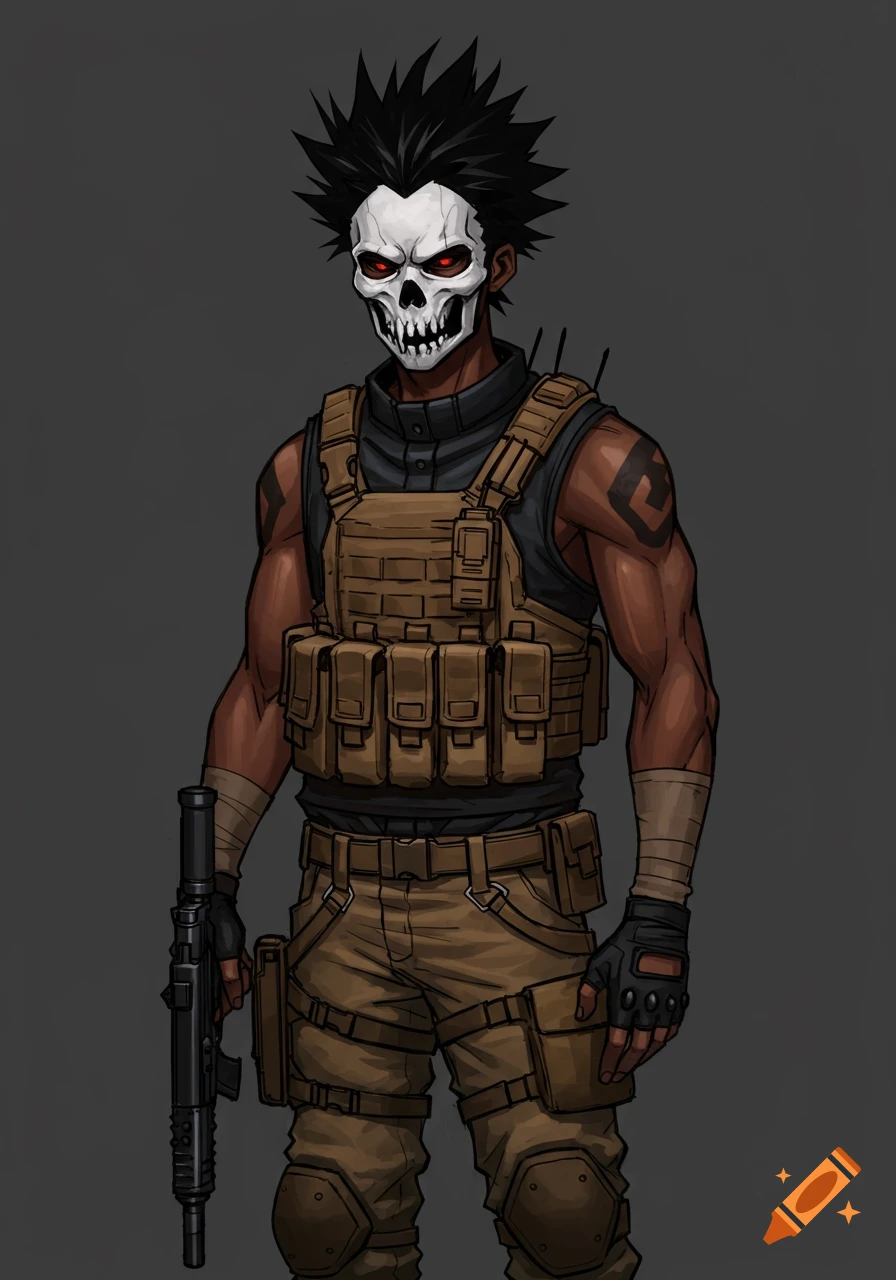 Anime character with skull mask, tactical gear, and rifle