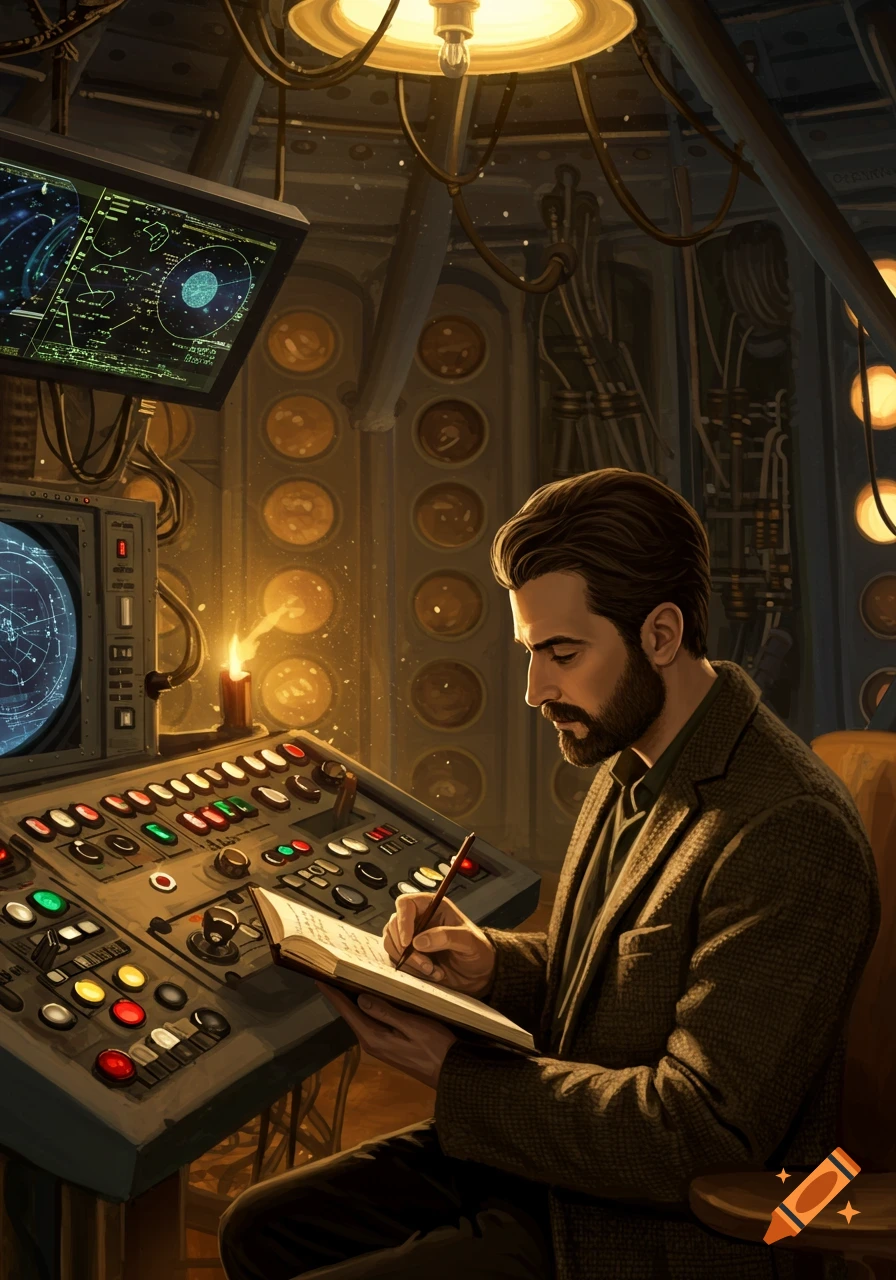 A man writes in a book at a complex control panel in a dimly lit sci-fi room.