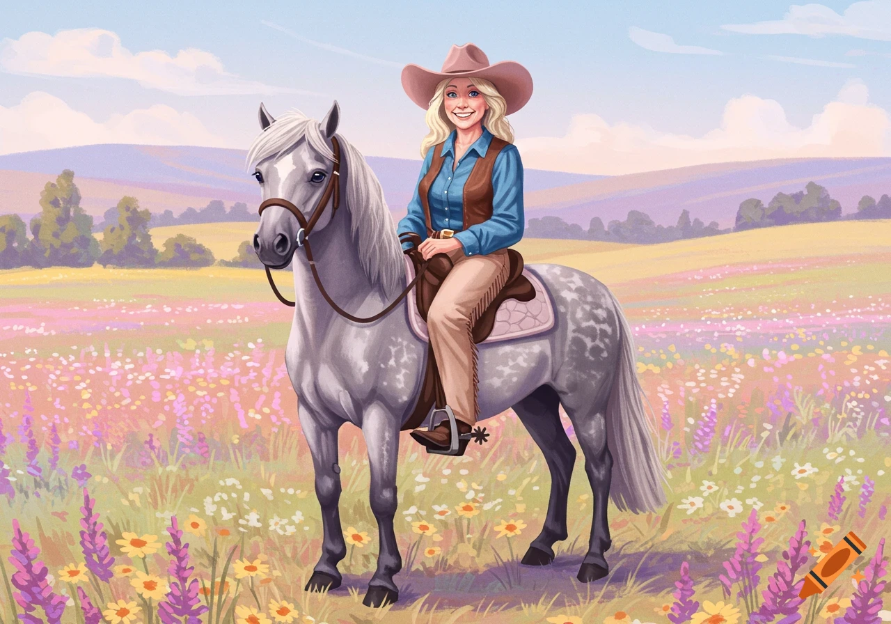 Cowgirl on a dappled grey horse in a field of wildflowers with rolling hills in the background, illustration.