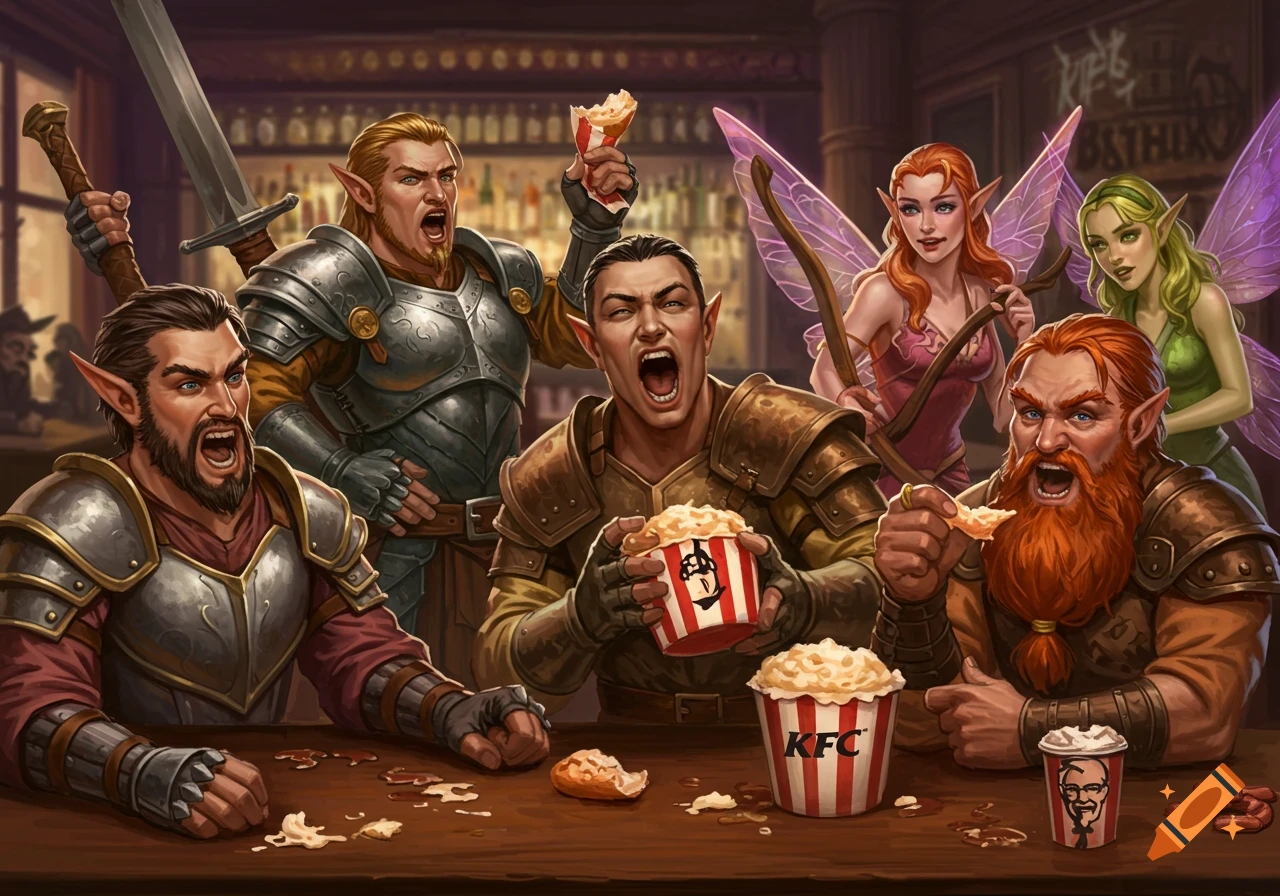 Fantasy characters (warrior, elf, ranger, dwarf, fairies) sit at a tavern table eating popcorn from KFC buckets. Illustration.