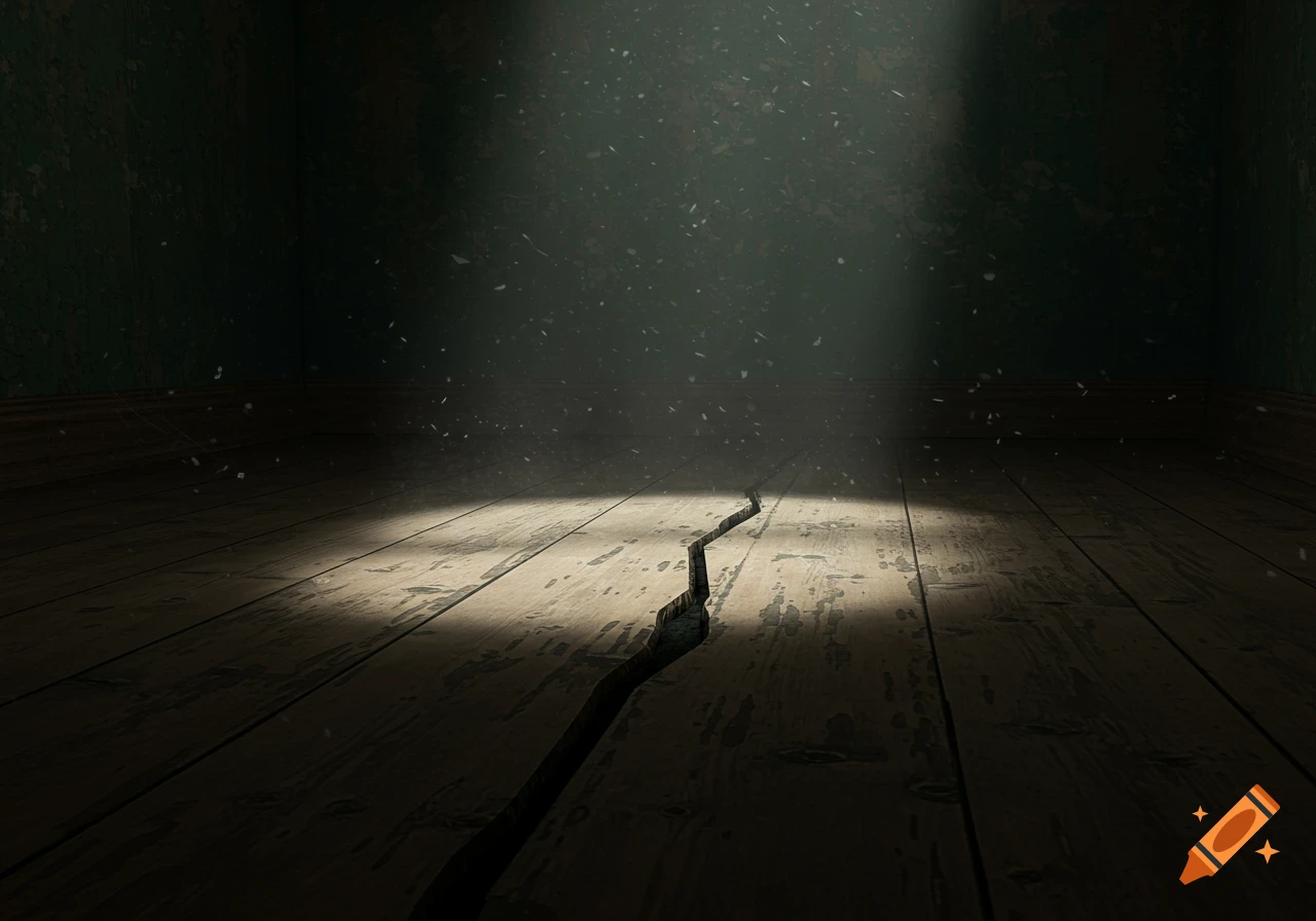A dark room with a cracked wooden floor, lit by a shaft of light from above with dust motes floating.