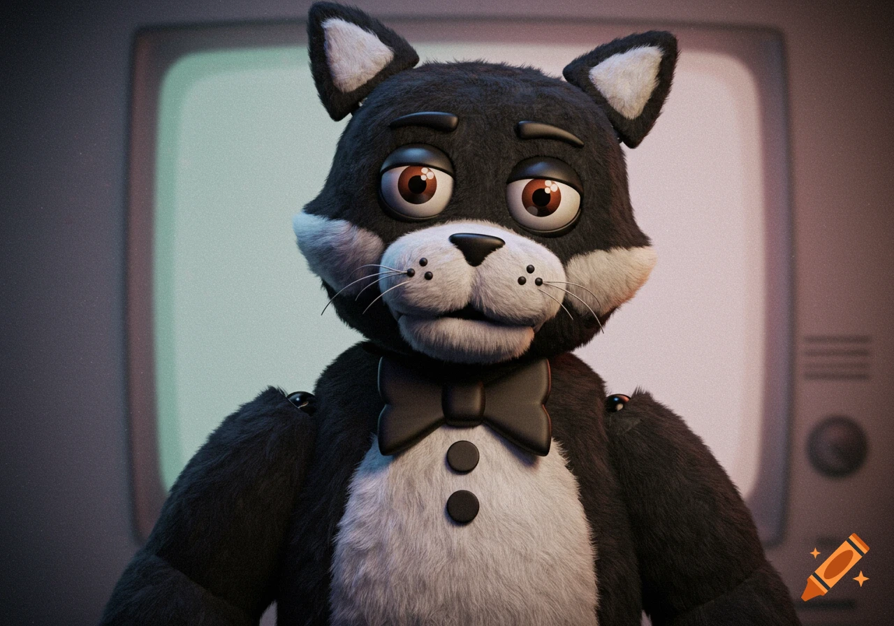 A black and white animatronic cat with a bow tie stands in front of a screen.