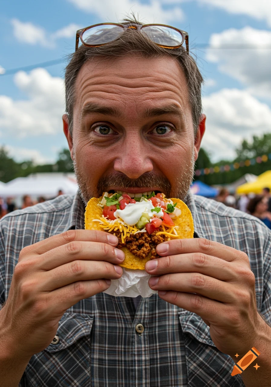Close-up of a man excitedly eating a taco outdoors.