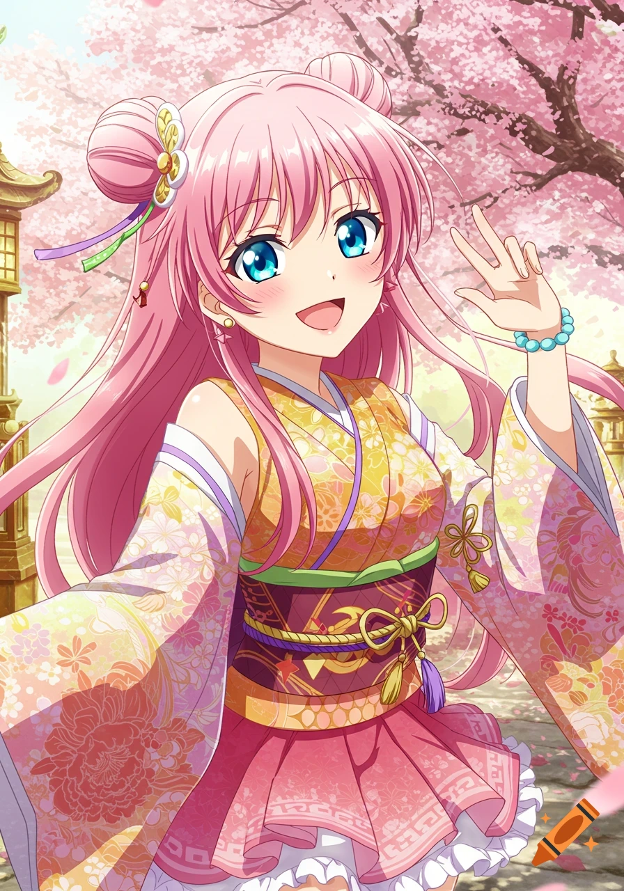 An anime girl with pink hair in a colorful outfit makes a peace sign under cherry blossoms.
