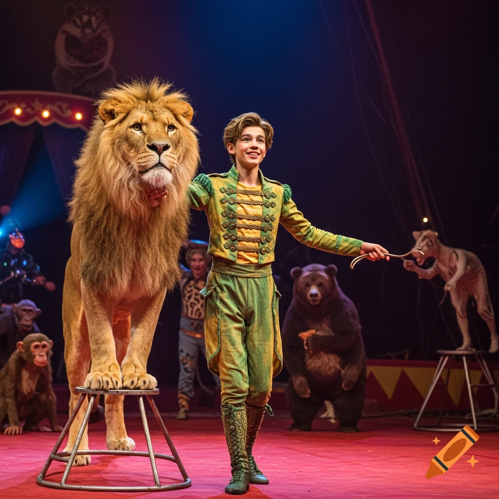 Young circus tamer with a lion on a stool and other animals in a ring