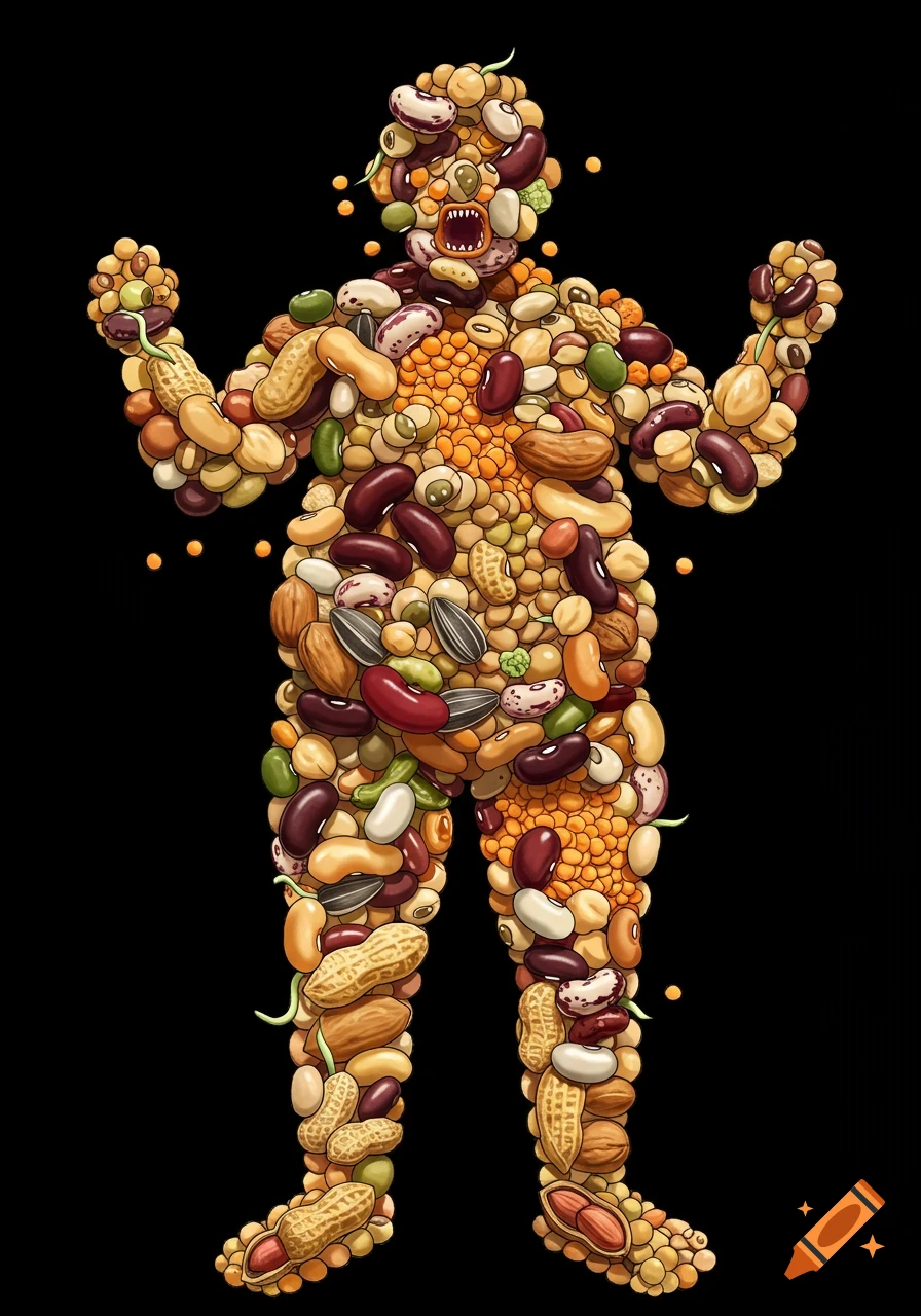 A bulky human figure made entirely of various beans, nuts, seeds, and legumes, standing on a black background.