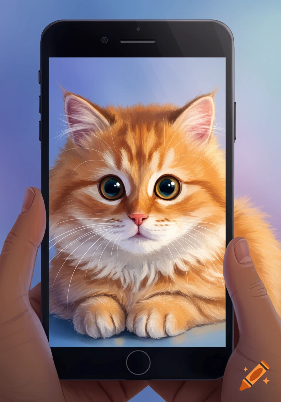 A fluffy orange cat seen on a smartphone screen held by hands.
