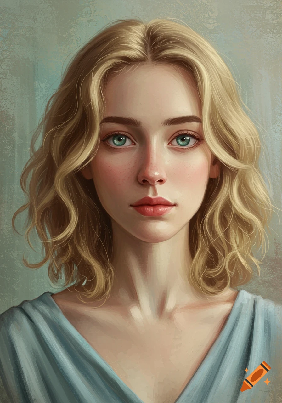 A digital painting portrait of a young woman with blonde wavy hair and ...