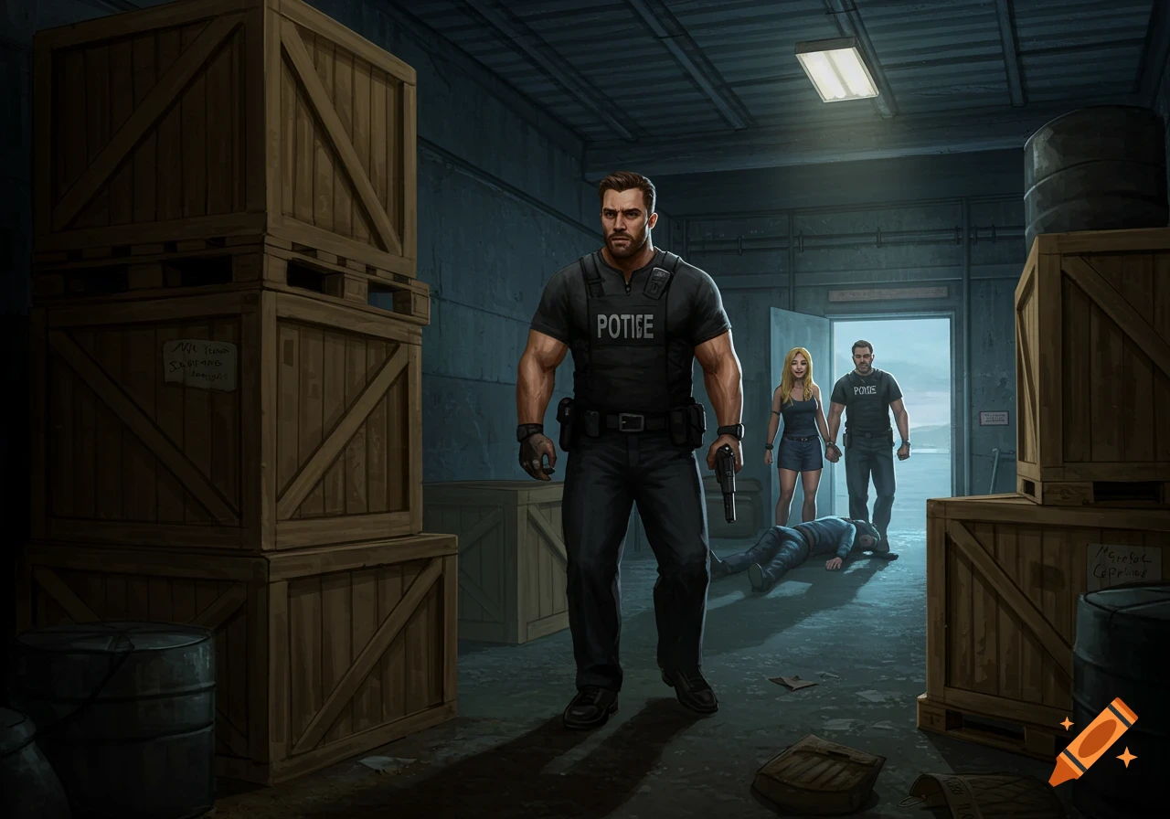 Police officer stands in a dark warehouse with other officers and body on floor