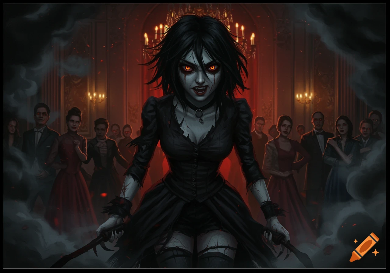 A woman with orange eyes and fangs in a ragged dress stands in a smoky ballroom with blurred guests.