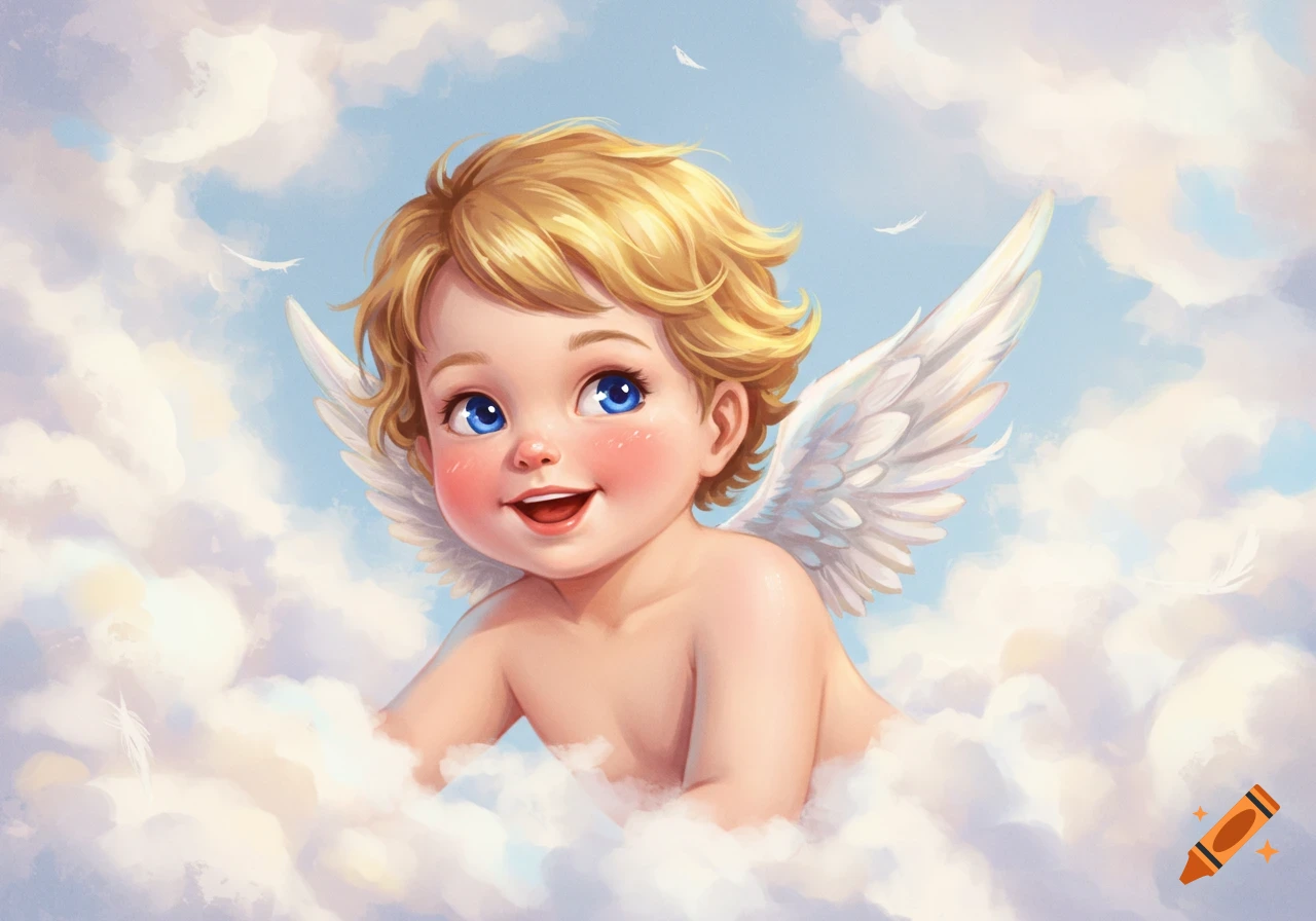 A cherub baby with wings smiles among clouds.