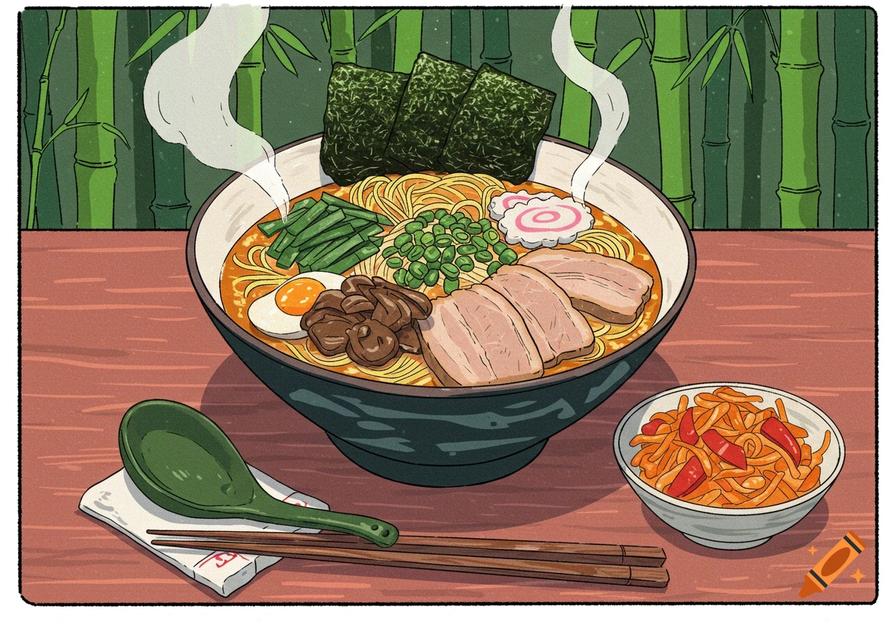 Drawing of a bowl of ramen with meat, egg, seaweed, and vegetables, with chopsticks and a side dish.