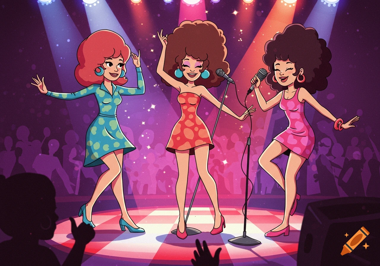Three cartoon women dancing and singing on a disco stage.