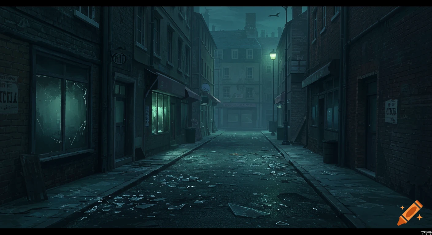 A dark, wet urban backstreet at night with broken glass on the ground and eerie lighting.