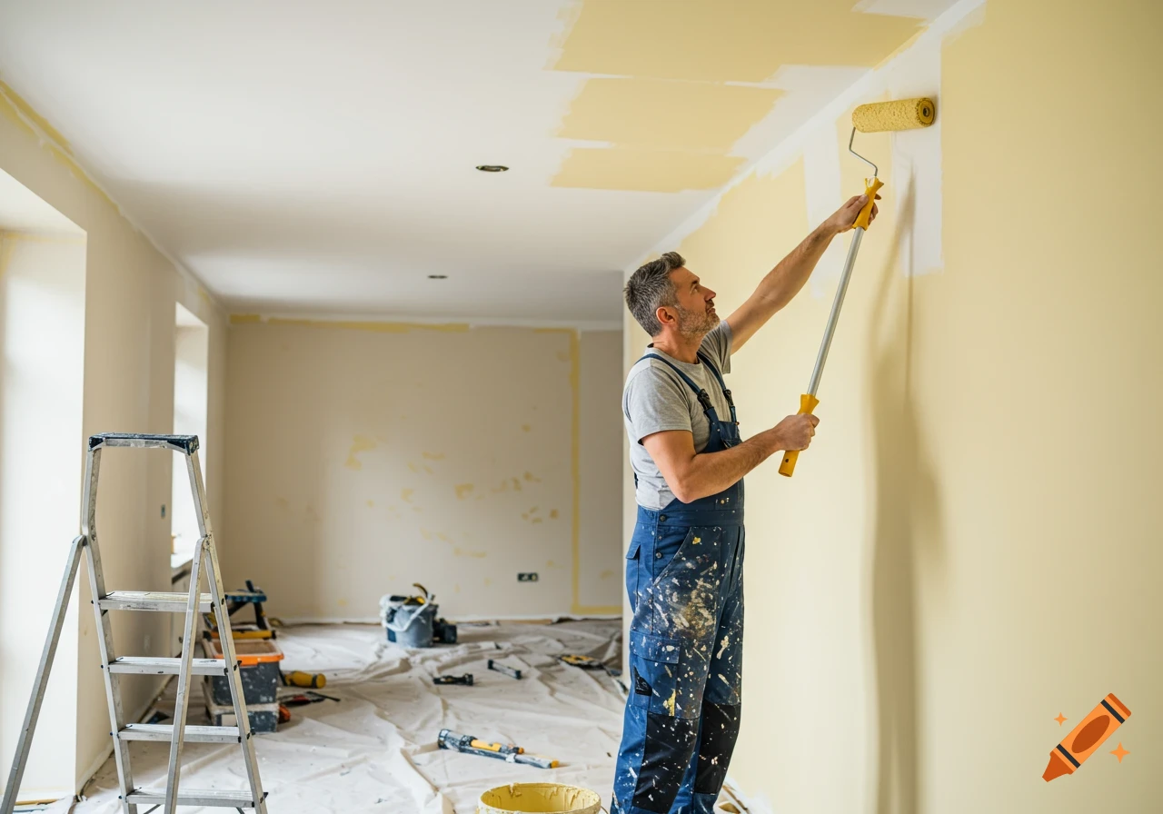 A man in overalls uses a roller to paint an interior wall during renovation.