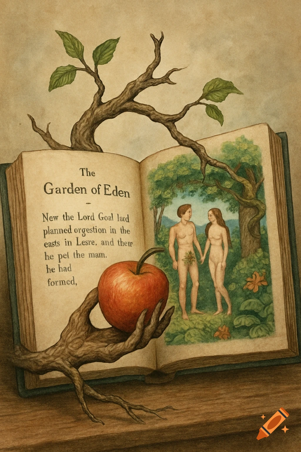 An open book shows an illustration of Adam and Eve in the Garden of Eden. A tree branch hand extends from the book offering a red apple. The book title is "The Garden of Eden".