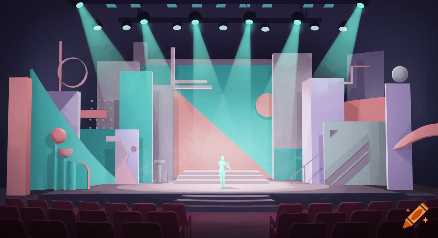 A stage set with abstract geometric shapes in pastel colors, lit by spotlights. A small figure stands on the steps in the center. Red seats fill the foreground.