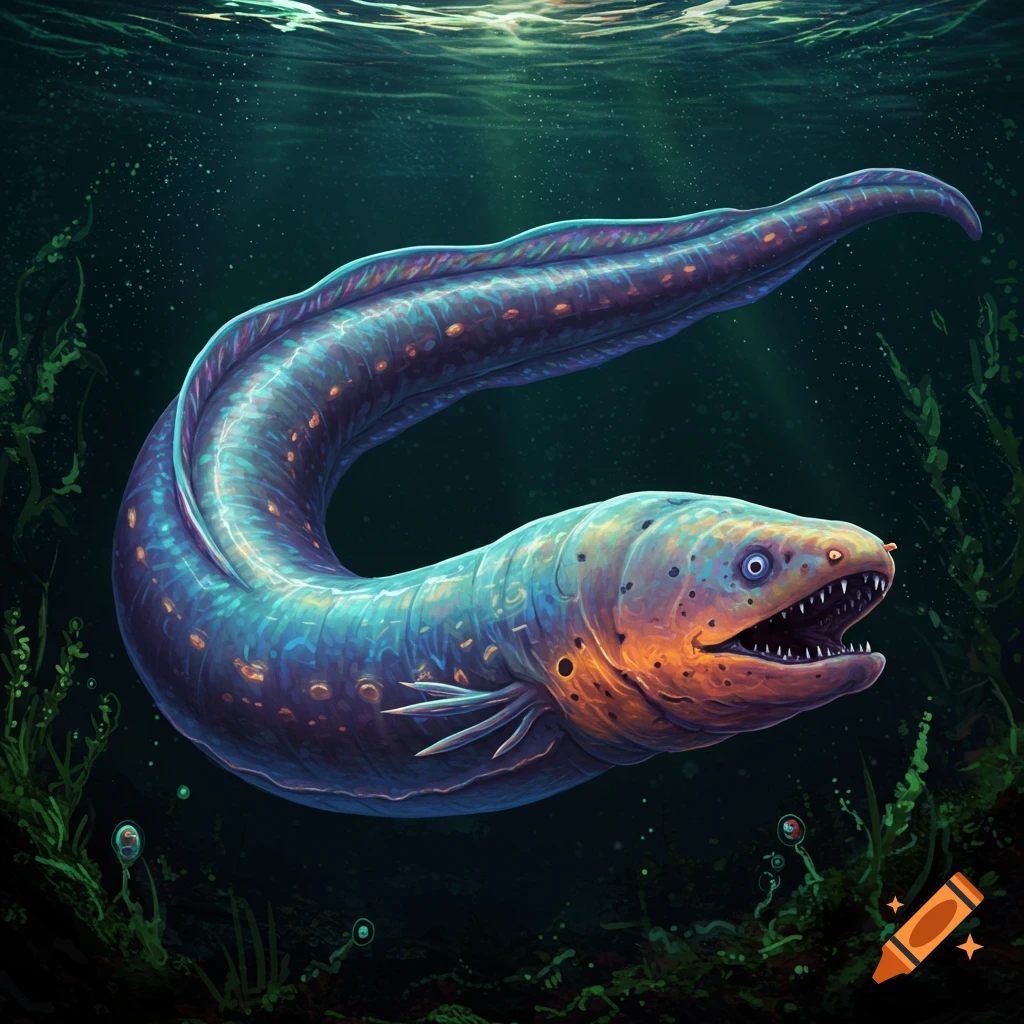 A vibrant, stylized eel swims in dark underwater scene with plants.