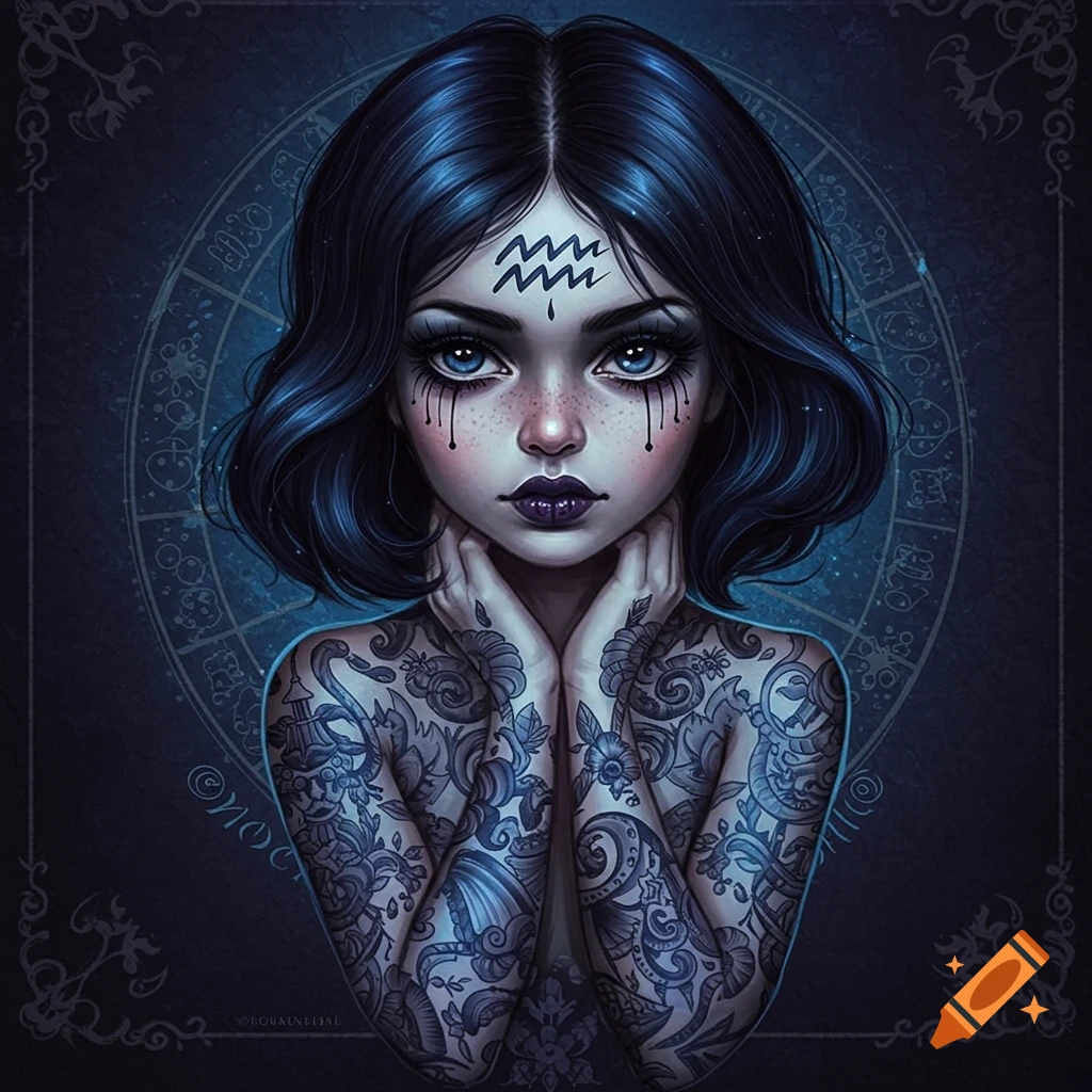 Gothic portrait of a woman with tattoos and an Aquarius symbol on her forehead, against a zodiac wheel background.