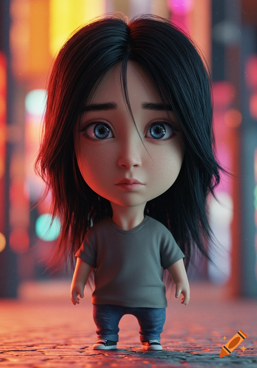 A stylized character with big blue eyes and long black hair wears a grey shirt and jeans, standing against a blurred city lights background.