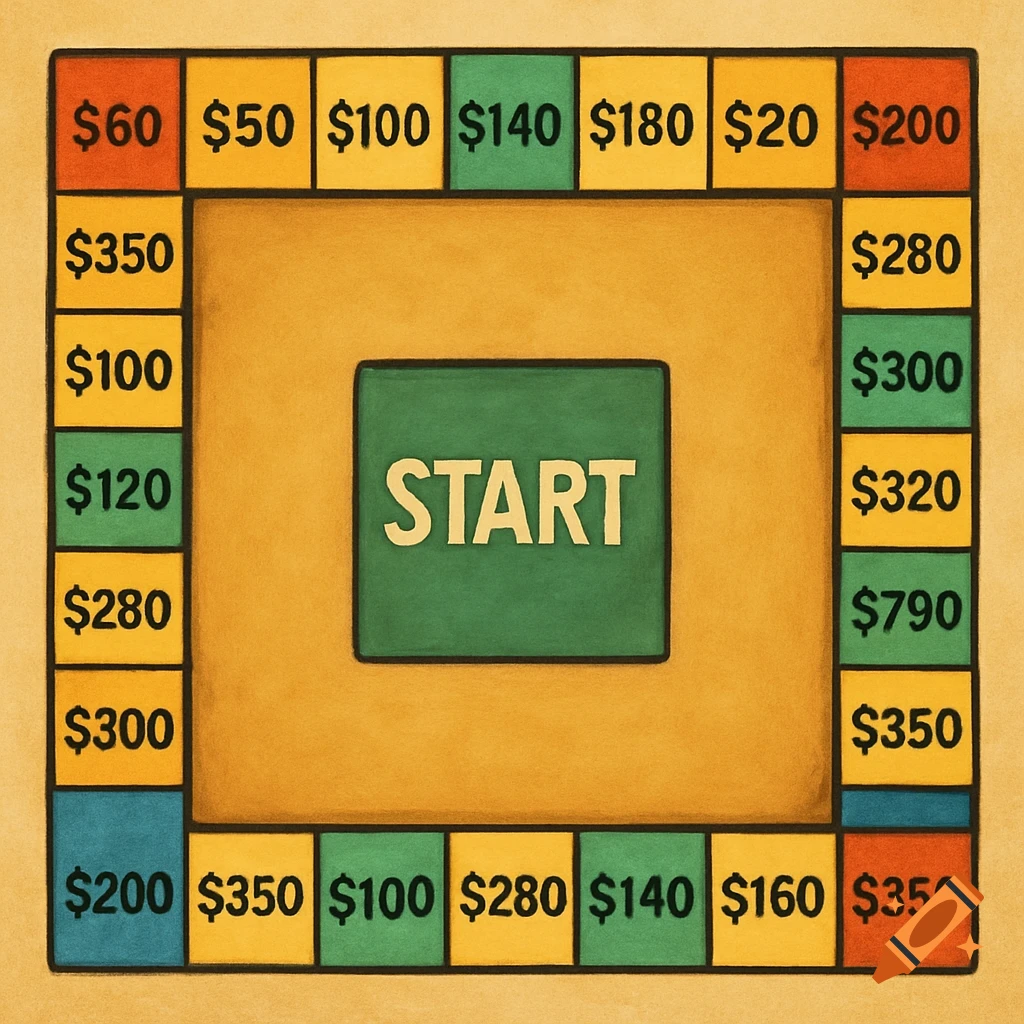 A board game with colored squares displaying dollar amounts and a central green square labeled "START".