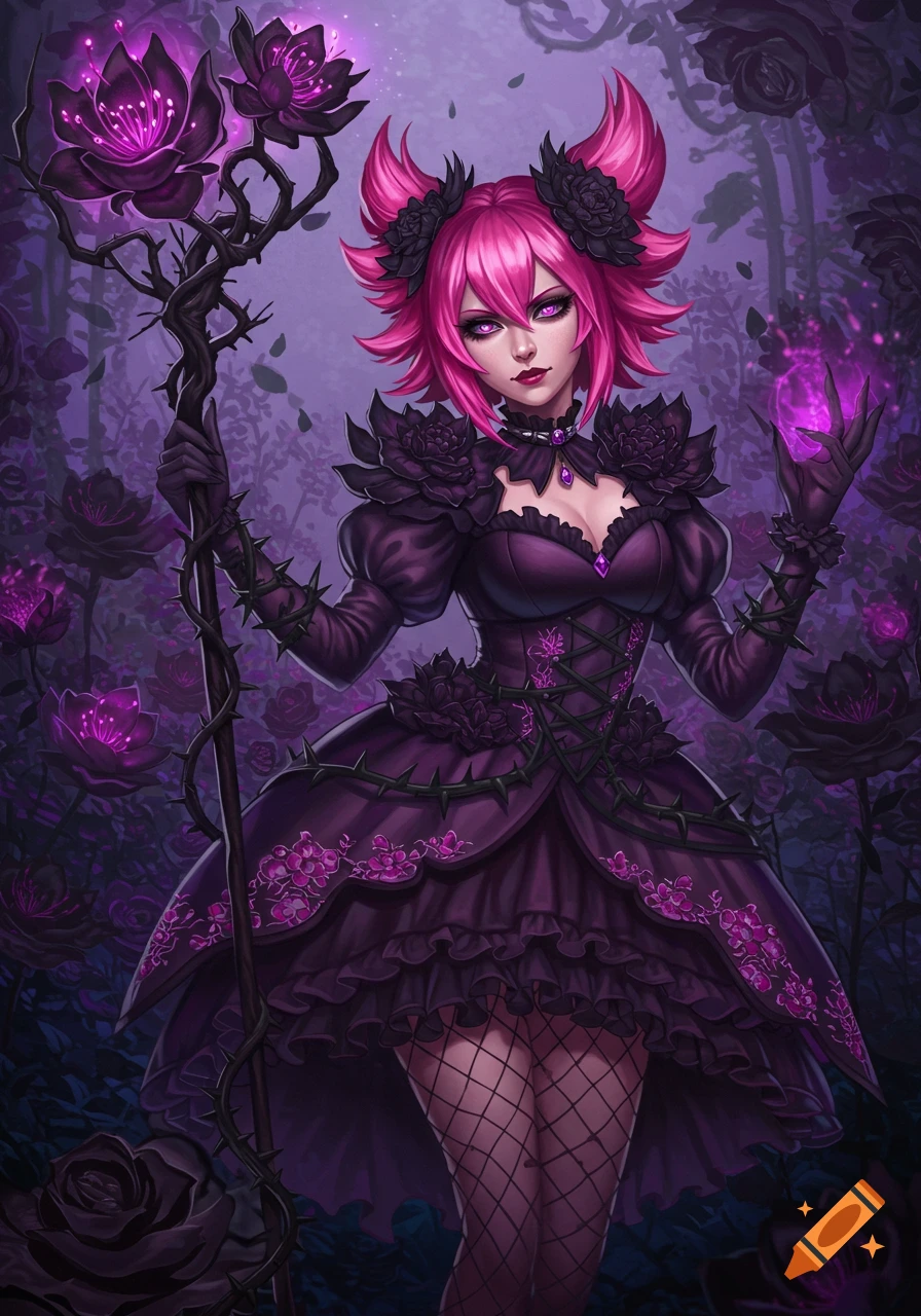 Fantasy illustration of a dark magical girl with pink hair in a purple ...