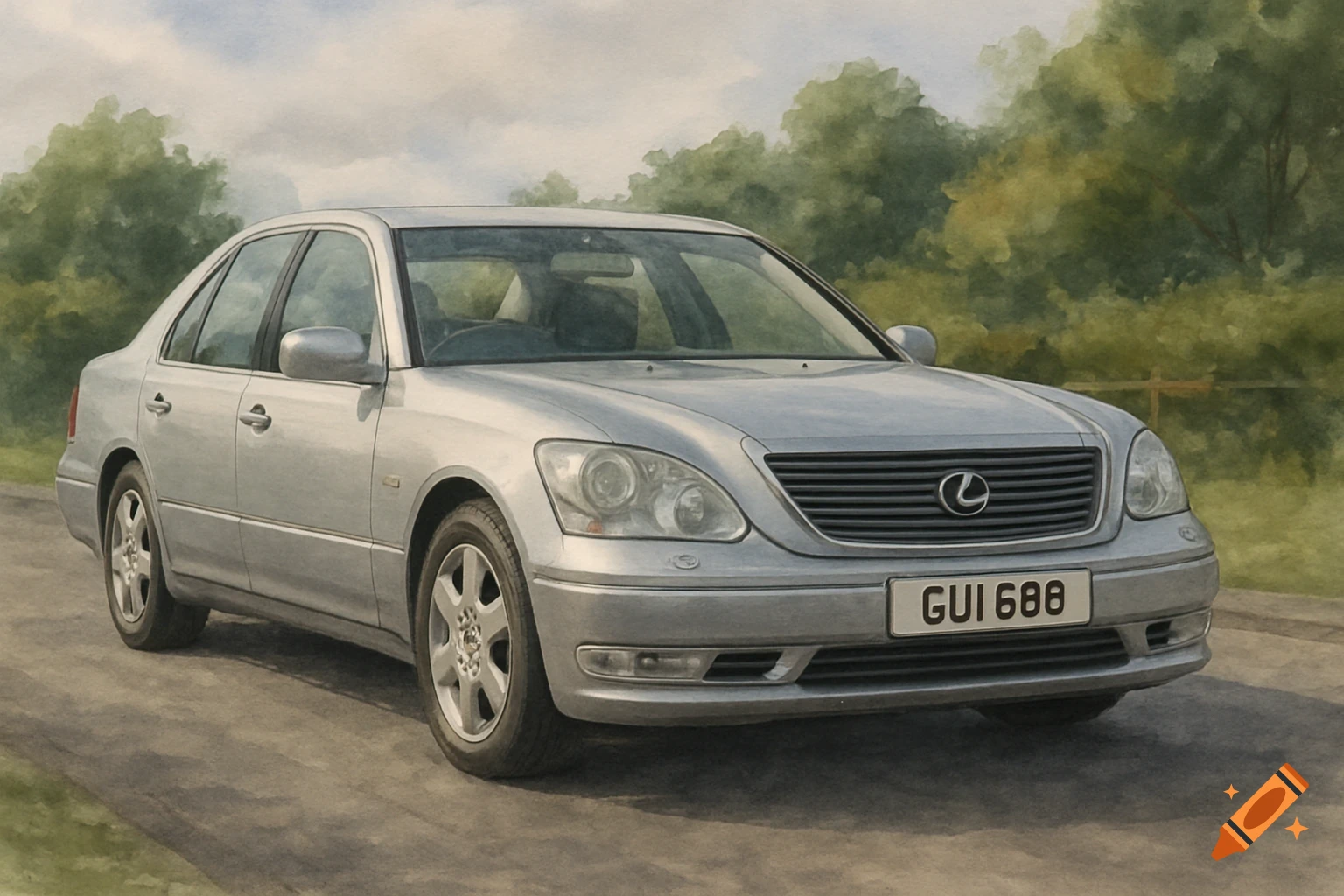 Watercolor painting of a silver Lexus LS430 car on a road.