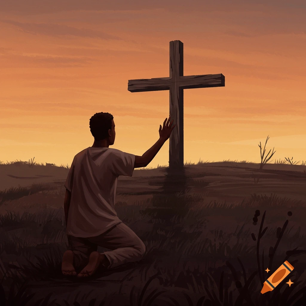 A person kneels before a large wooden cross at sunset, reaching out a hand.