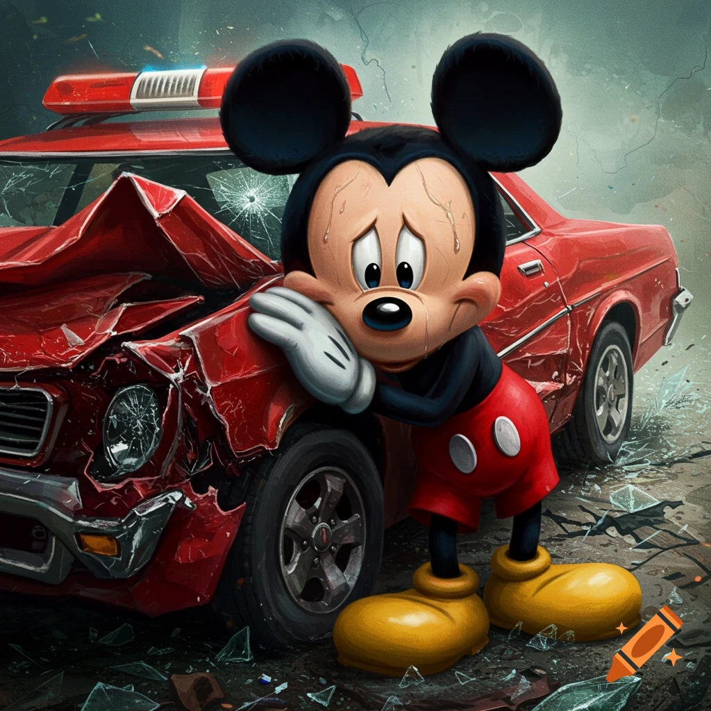 Mickey Mouse looks sad leaning on a severely damaged red car after an accident.