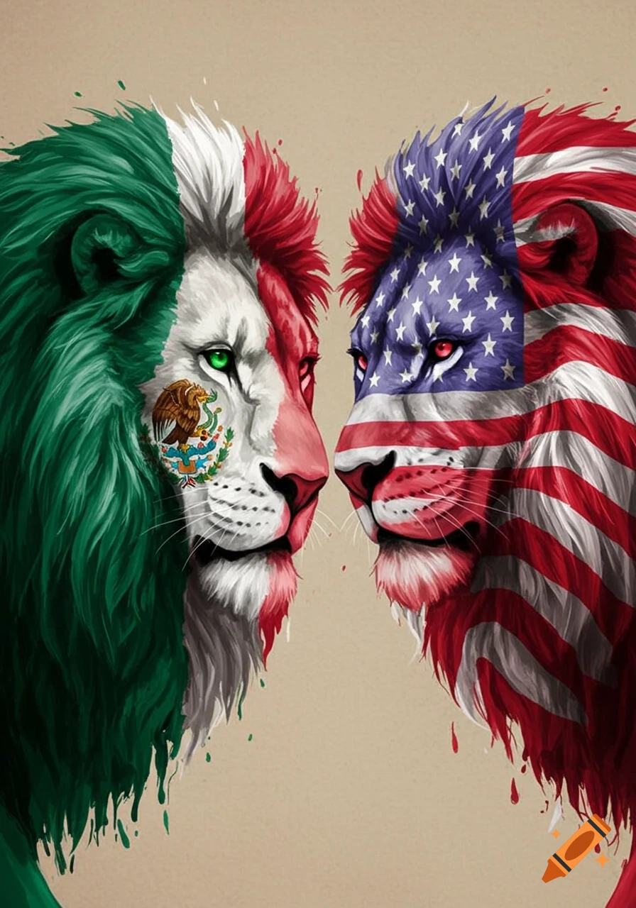 Two lions facing each other, one representing Mexico and the other the United States, with their flags depicted on their fur.