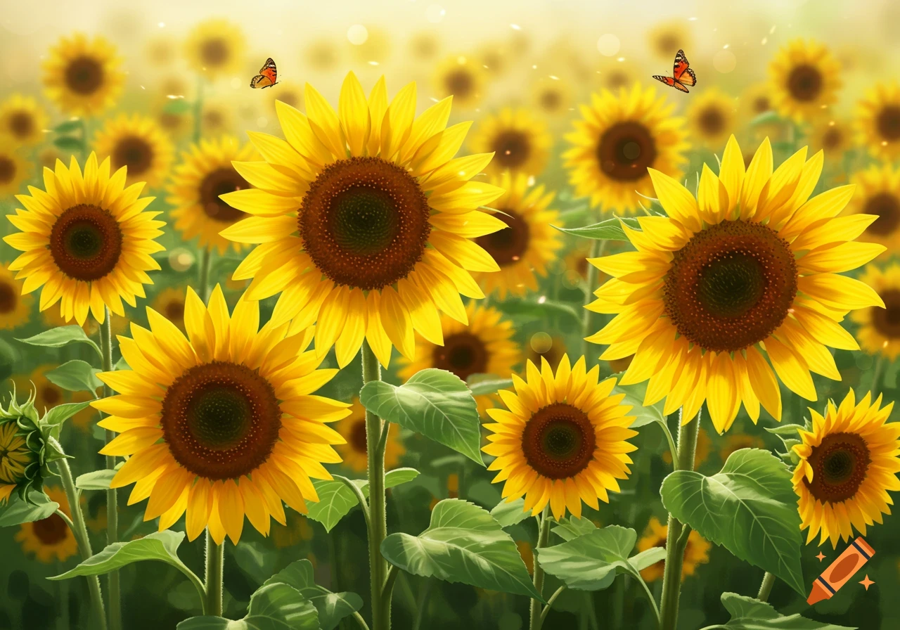 A field of bright yellow sunflowers with butterflies.