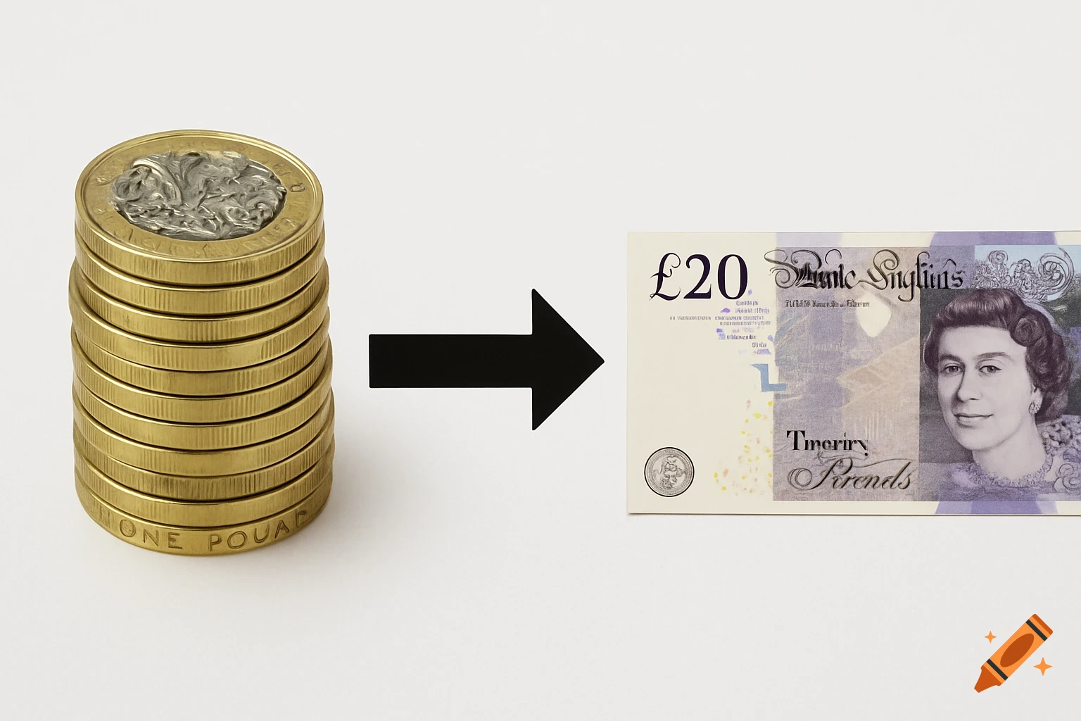A stack of British pound coins with an arrow pointing to a twenty pound note.
