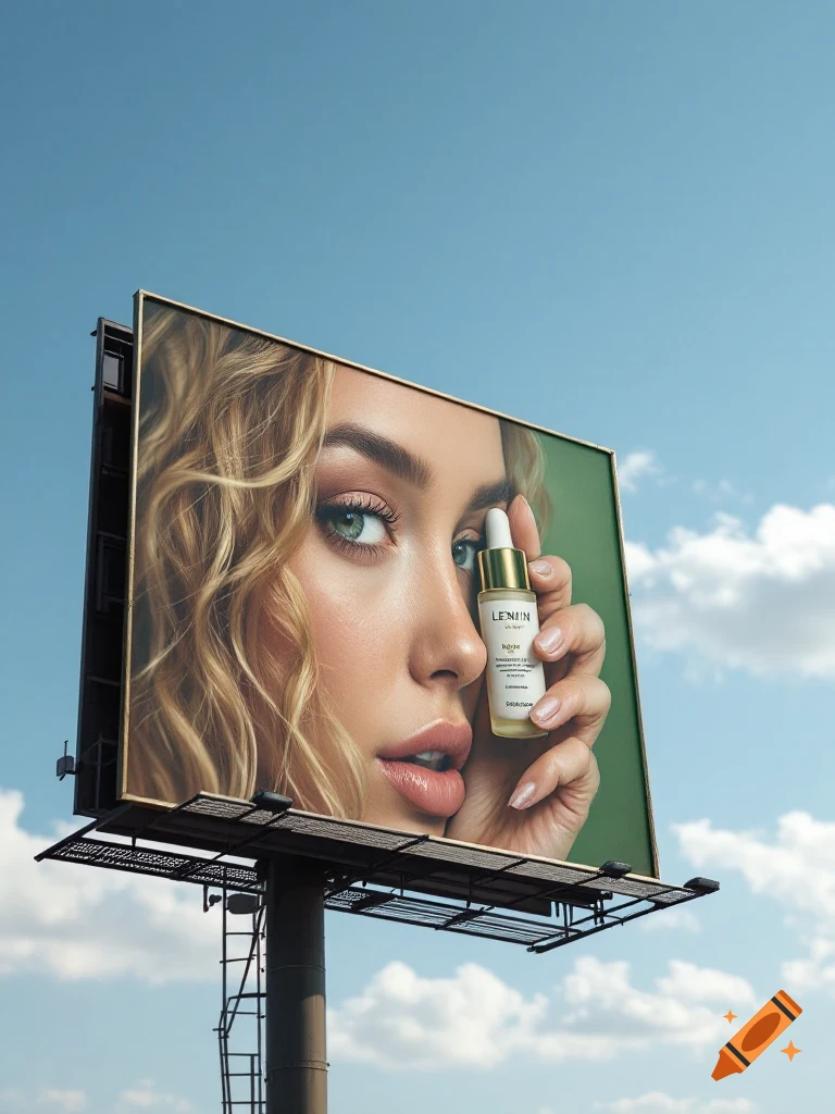 Photorealistic image of a woman's face on a billboard holding a serum bottle up to her eye against a blue sky.
