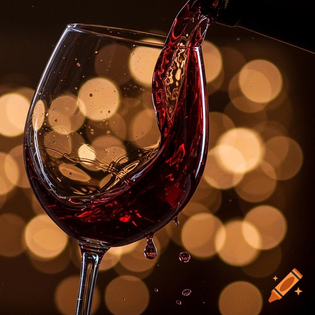 Red wine pours into a glass against a blurry bokeh background.