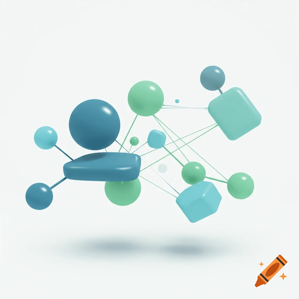 An abstract visualization shows interconnected green and blue 3D shapes and spheres.