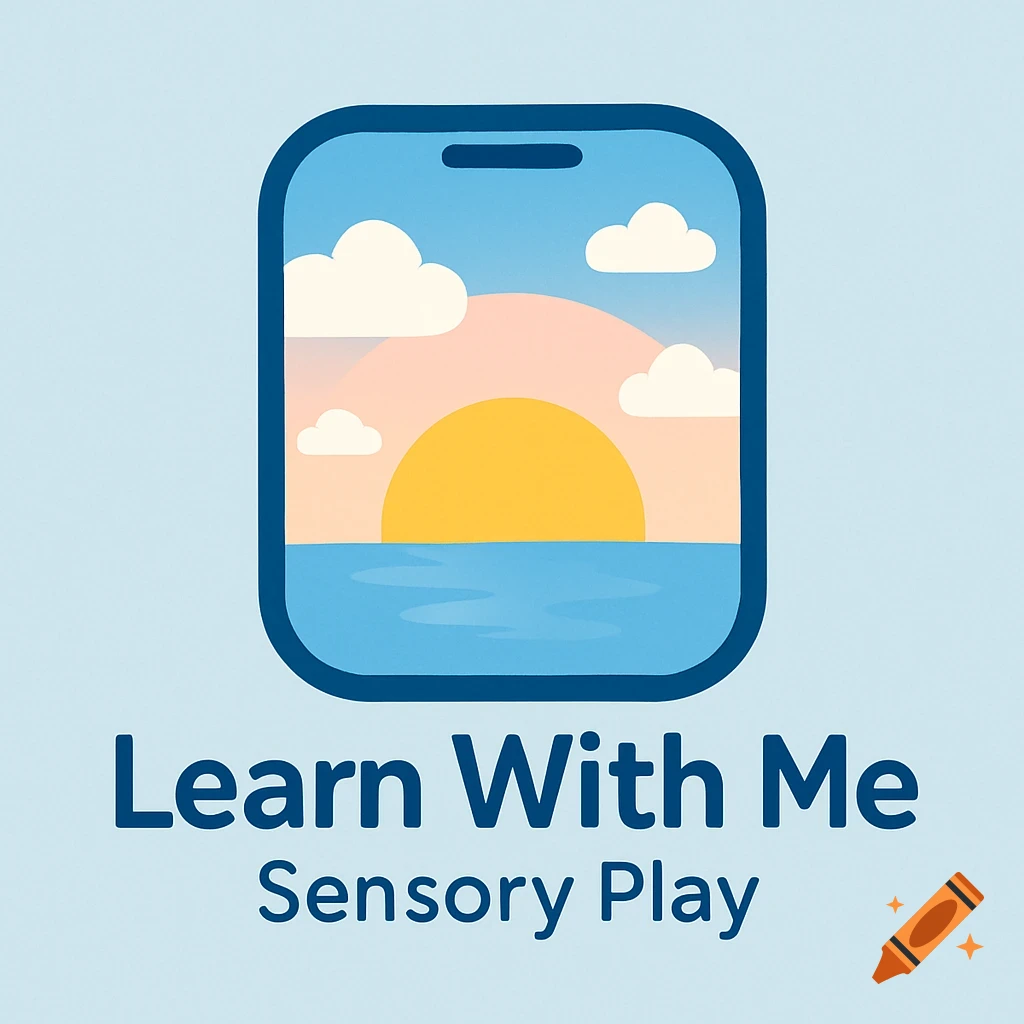 Logo with smartphone icon showing a sunset over the sea, text 'Learn With Me Sensory Play'.