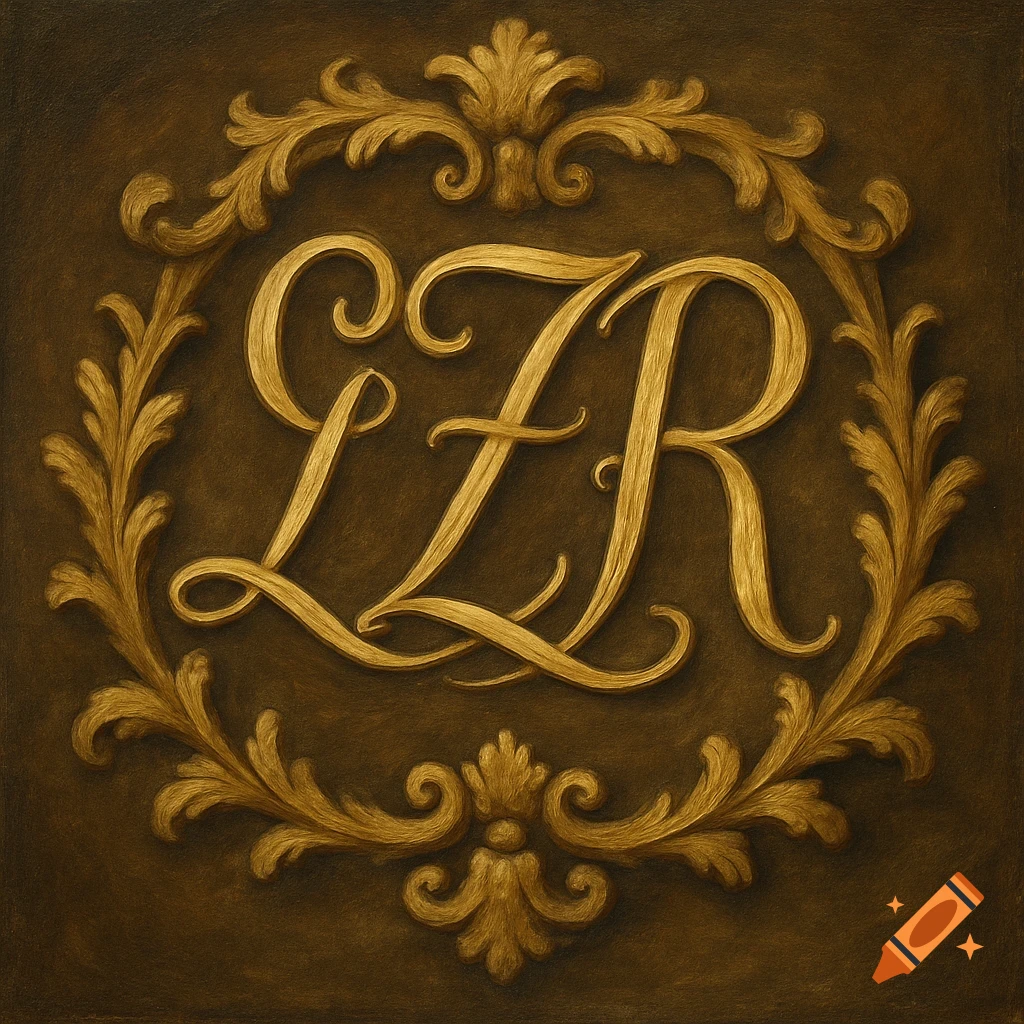 Golden LZR monogram in ornate 18th-century frame on dark background.