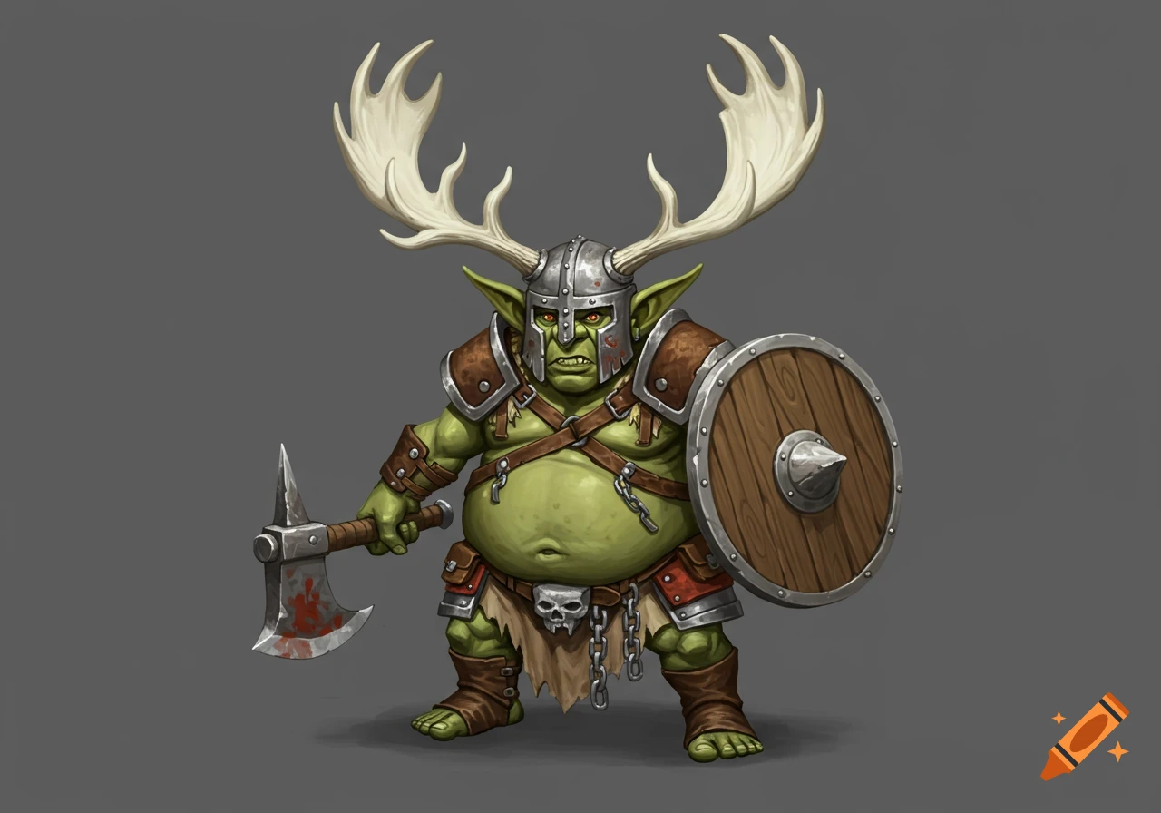 A fantasy illustration of a green goblin wearing a helmet with large moose antlers, armor, and holding a shield and axe.