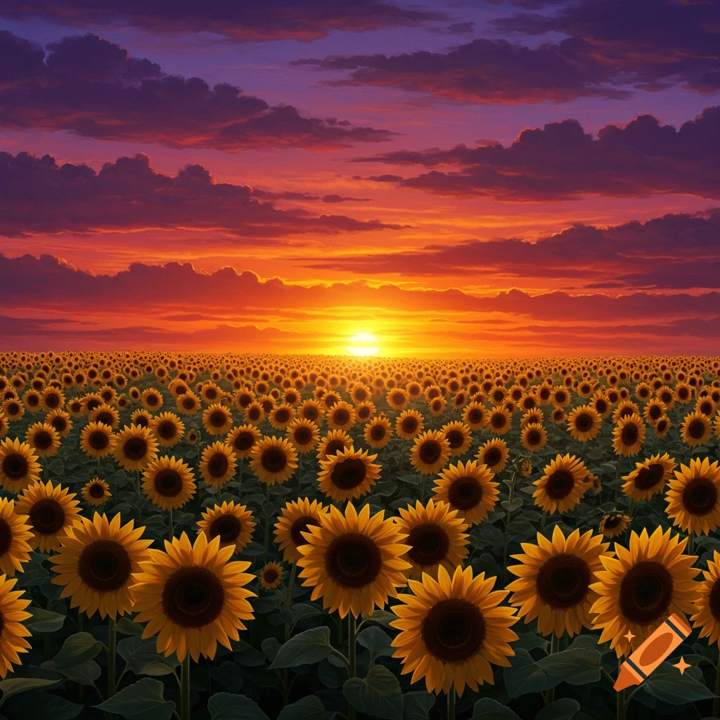 A vast field of sunflowers under a dramatic sunset sky.