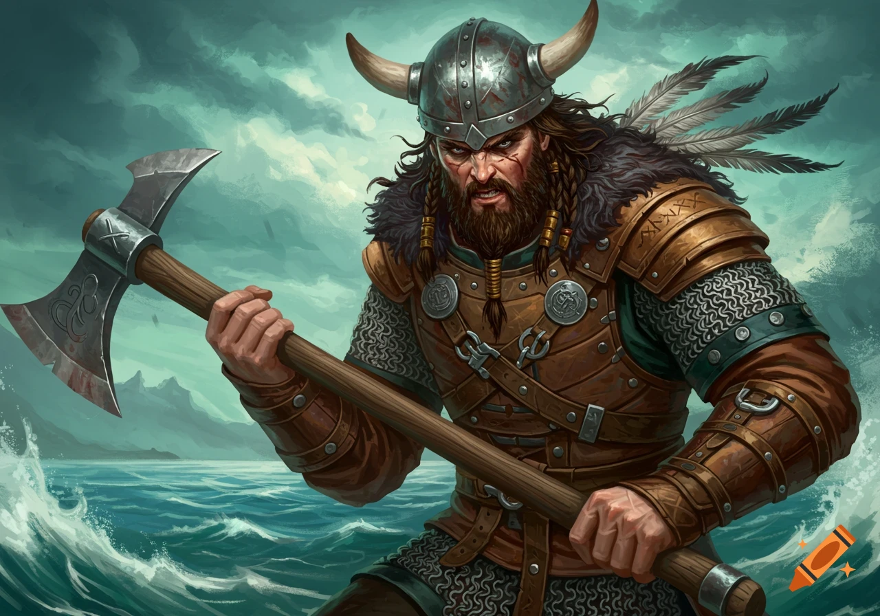 A fierce viking warrior with a beard and horned helmet holds a large axe, standing on a stormy sea.