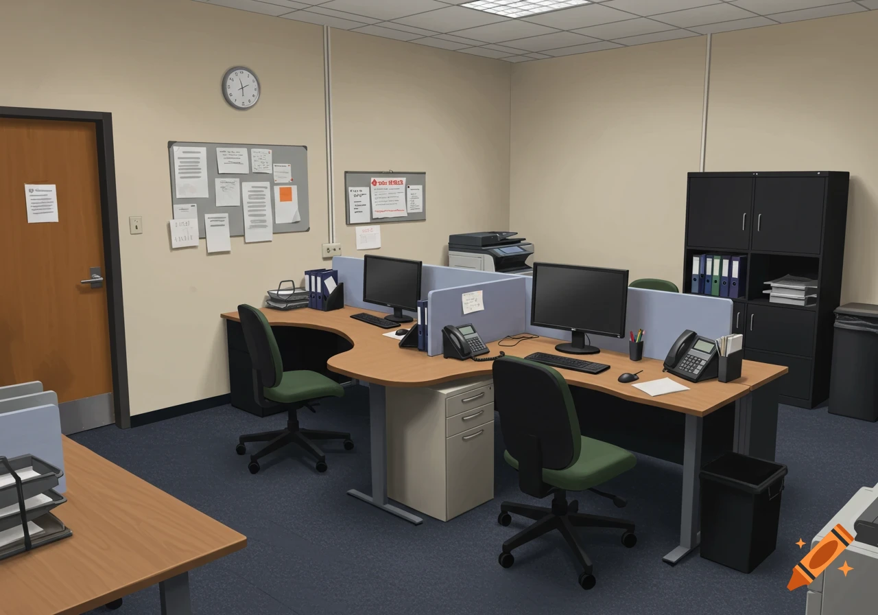An empty office room with desks, computers, chairs, filing cabinets, and bulletin boards.