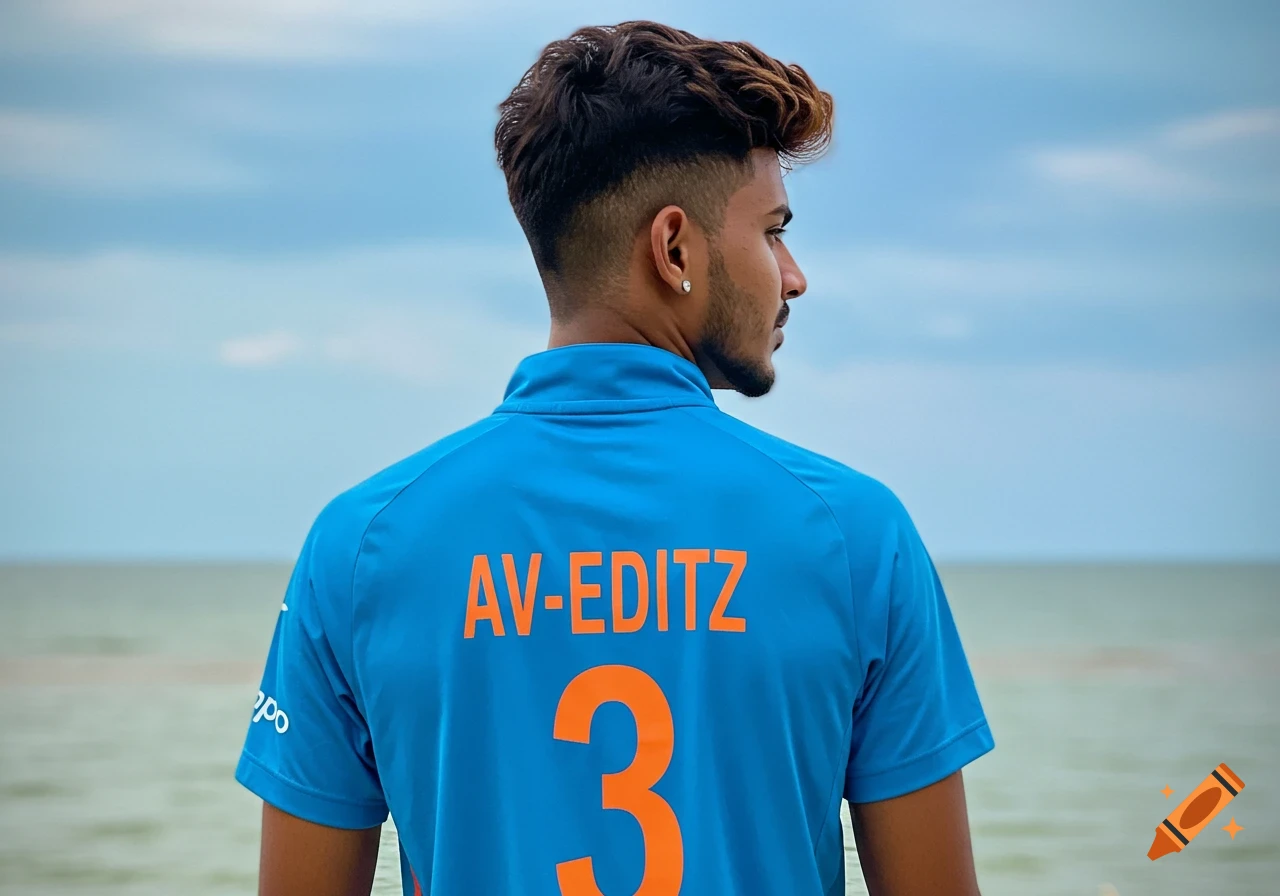 A man in a blue cricket jersey with orange text "AV-EDITZ" and number "3" stands facing the water under a cloudy sky.