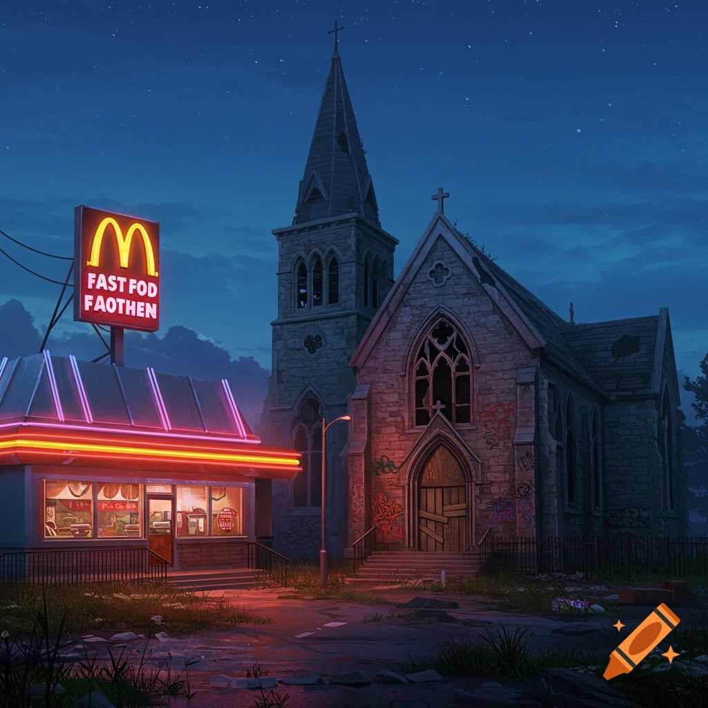 A glowing McDonald's restaurant stands next to an abandoned church under a night sky.
