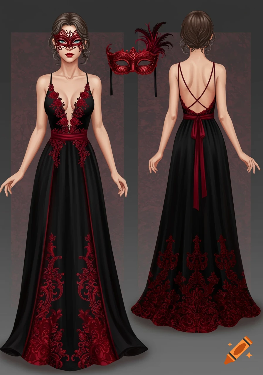 Illustration of a woman in a black and red masquerade dress and mask, front and back views.