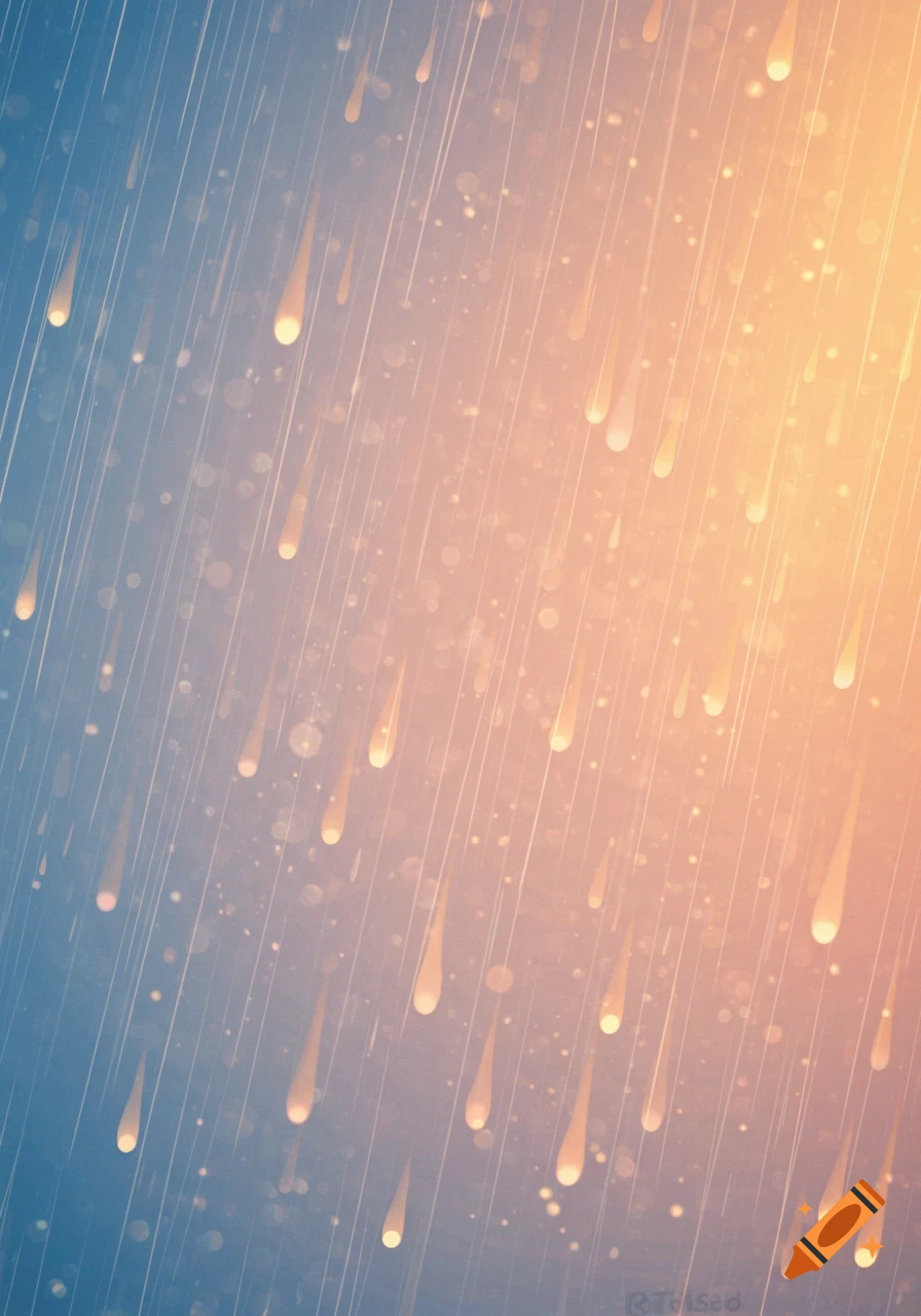 Stylized image showing rain streaks illuminated by sunlight, creating a 'liquid sunshine' effect.