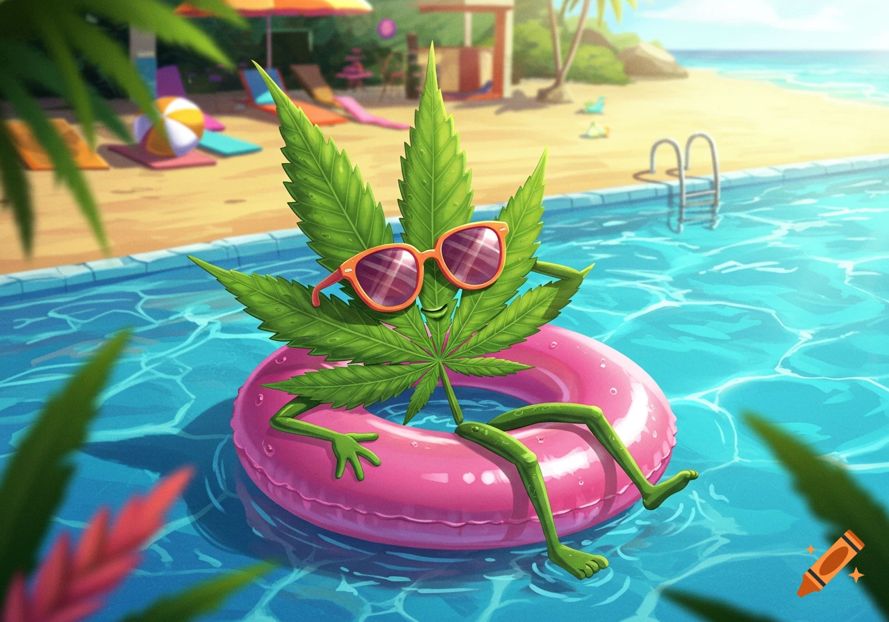 Cartoon marijuana leaf character with sunglasses in a pink pool floatie in a swimming pool at a beach.